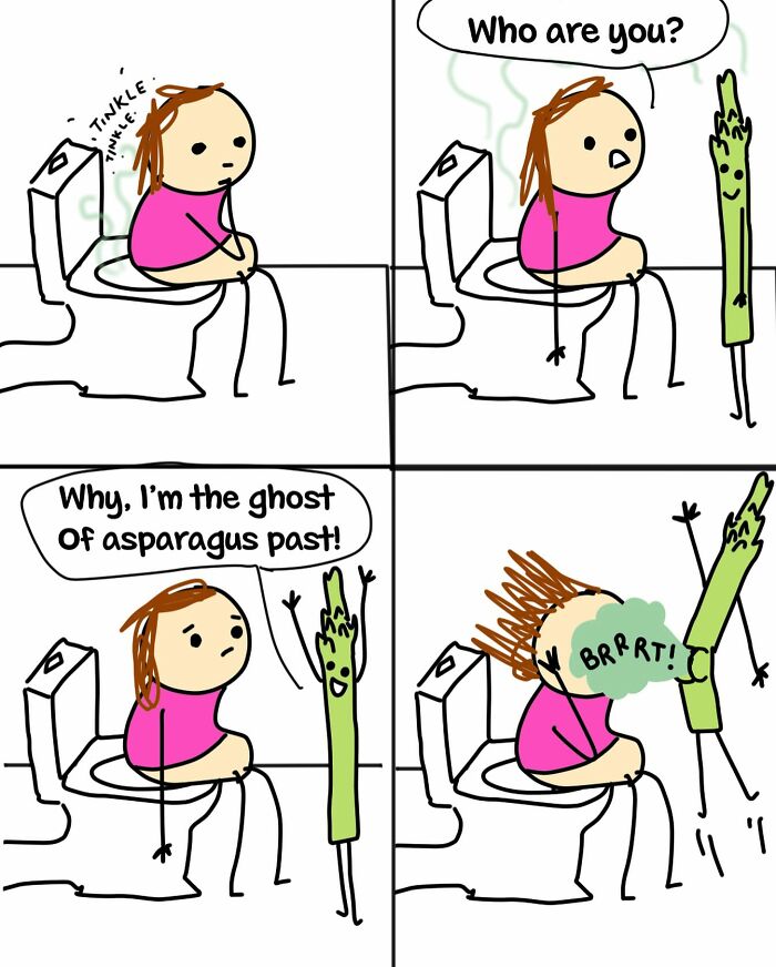 Comic by Australian mom showing a woman encountering the ghost of asparagus past while sitting on a toilet.