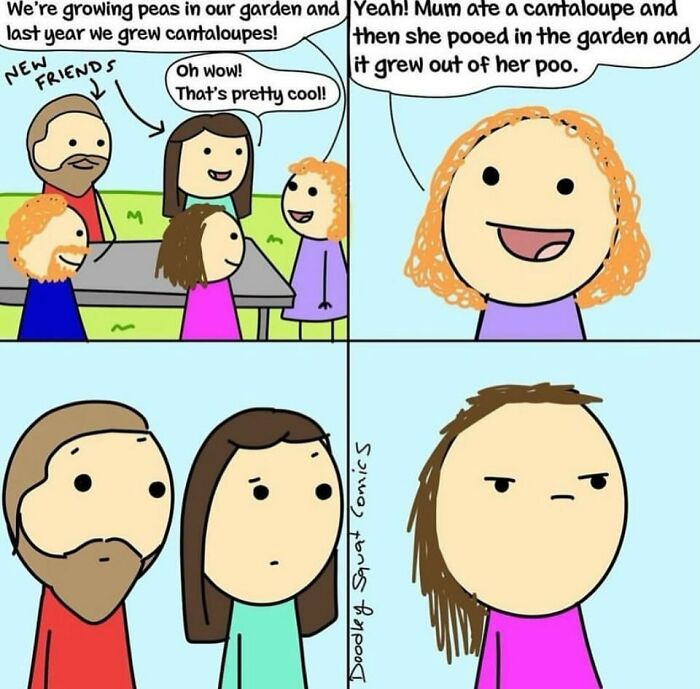 Australian mom’s witty and relatable comic strip showing a family discussing growing peas and cantaloupes in their garden.