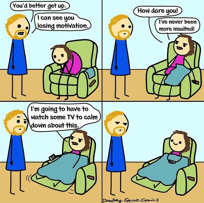 Comic strip by Australian mom showing a humorous, relatable moment of daily life with a couple in the living room.