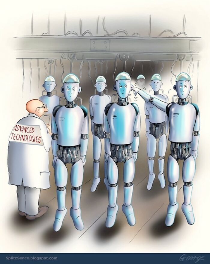 Cartoon of robots hanging like puppets with a scientist labeled Advanced Technologies in a surreal single-panel cartoon style.