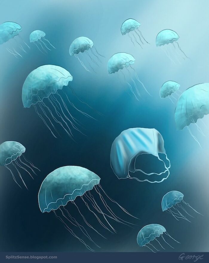 Surreal single-panel cartoon showing jellyfish, one transforming into a swimming cap, blending mundane moments into surreal stories.