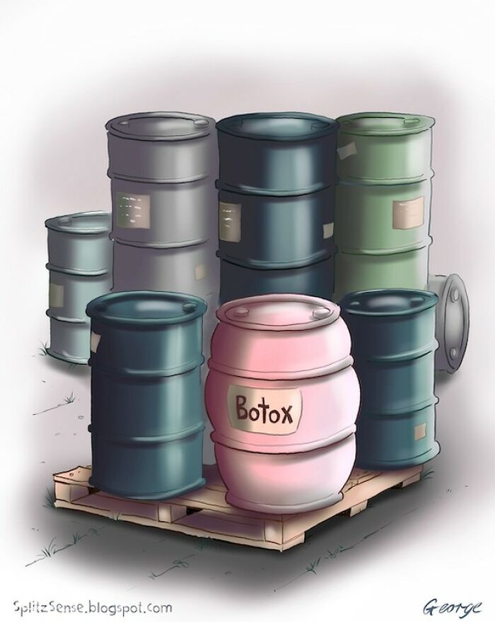 Surreal single-panel cartoon showing a pink Botox barrel among ordinary industrial barrels on a wooden pallet.