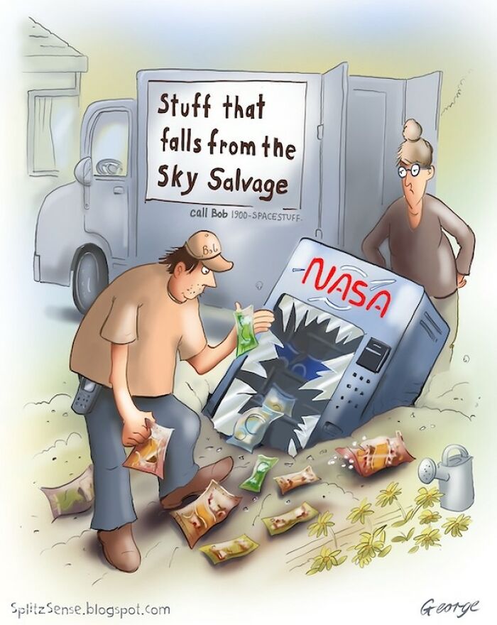 Surreal single-panel cartoon with a man salvaging snacks from a crashed NASA vending machine in a humorous scene.