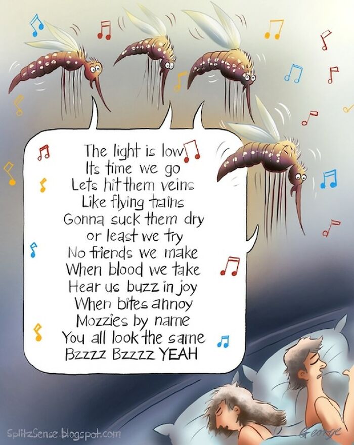 Surreal single-panel cartoon of mosquitoes singing joyfully above sleeping people, turning a mundane moment into an imaginative story.