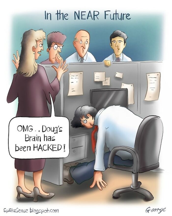 Single-panel cartoon by artist turning mundane office moments into surreal stories with humor and creativity.