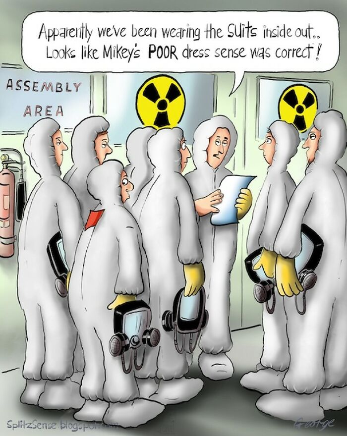 Cartoon of workers in hazmat suits discussing dress sense, illustrating surreal single-panel cartoons of mundane moments.