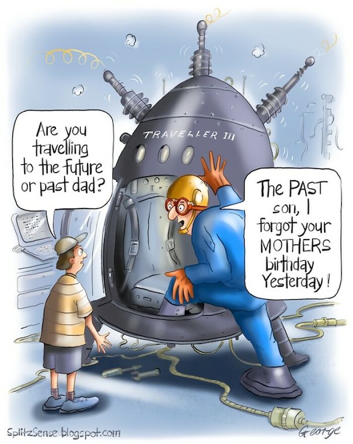 Single-panel cartoon showing a father and son with a time machine, turning a mundane moment into a surreal story.