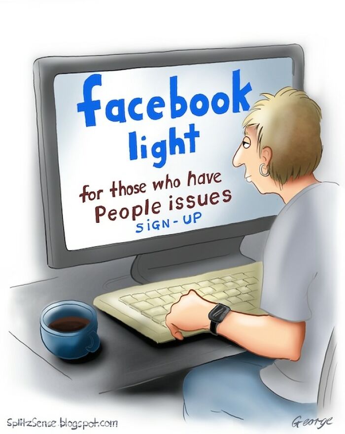 Single-panel cartoon by artist turning mundane moments into surreal stories shows person using a computer with a funny Facebook light sign.