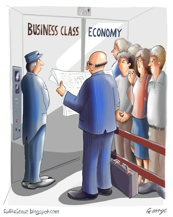 Single-panel cartoon showing a surreal business class and economy elevator scene with a line of waiting passengers.