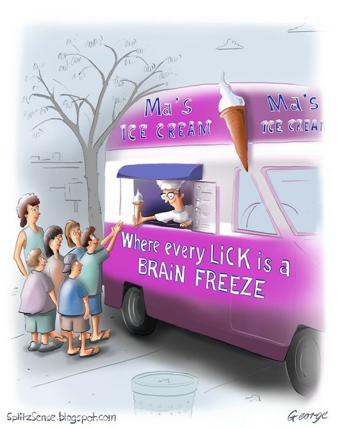 Single-panel cartoon of an ice cream truck serving surreal brain freeze moments to eager customers.