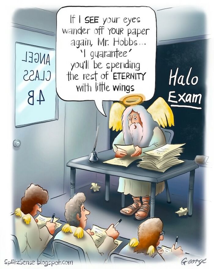 Single-panel cartoon showing an angel teacher warning a student during a surreal exam in a classroom setting.