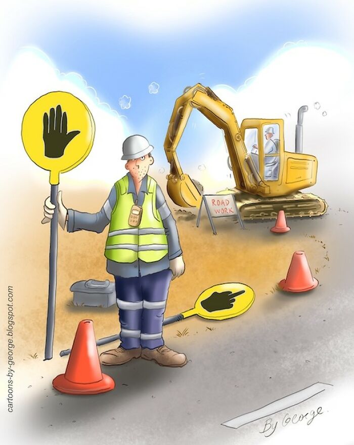 Cartoon of a road worker with surreal single-panel art showing stop and go signs as hand gestures at a construction site.