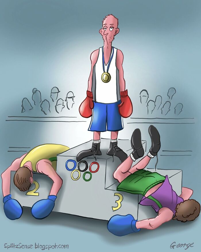 Boxers standing on a winner’s podium cartoon, showcasing single-panel cartoons turning mundane moments into surreal stories.