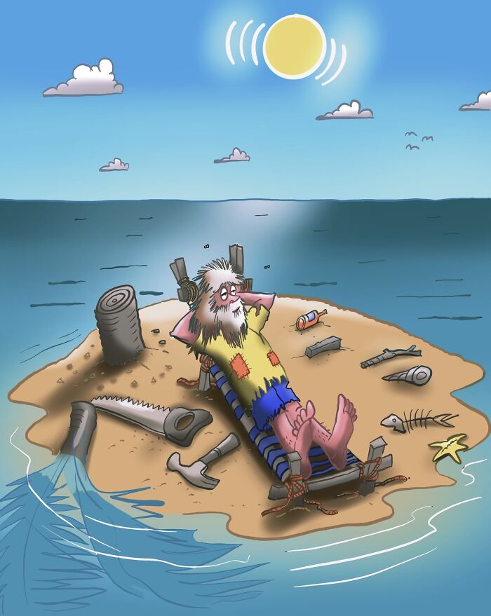 Surreal single-panel cartoon of a castaway relaxing on a tiny island with mundane objects turning into quirky tools.