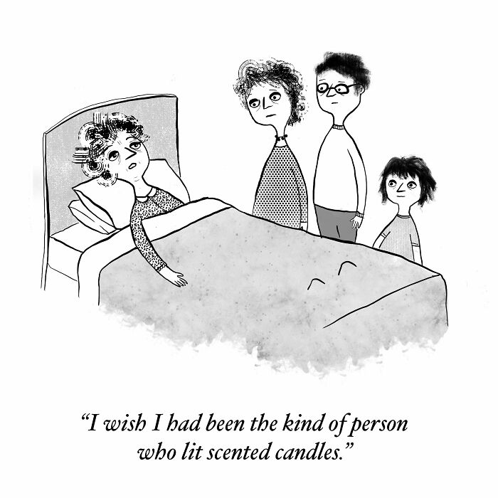 One-panel comic by Dahlia Gallin Ramirez showing a person in bed wishing they lit scented candles capturing absurdity of modern life.