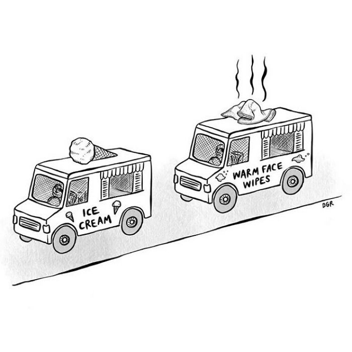 One-panel comic by Dahlia Gallin Ramirez showing an ice cream truck followed by a warm face wipes truck.