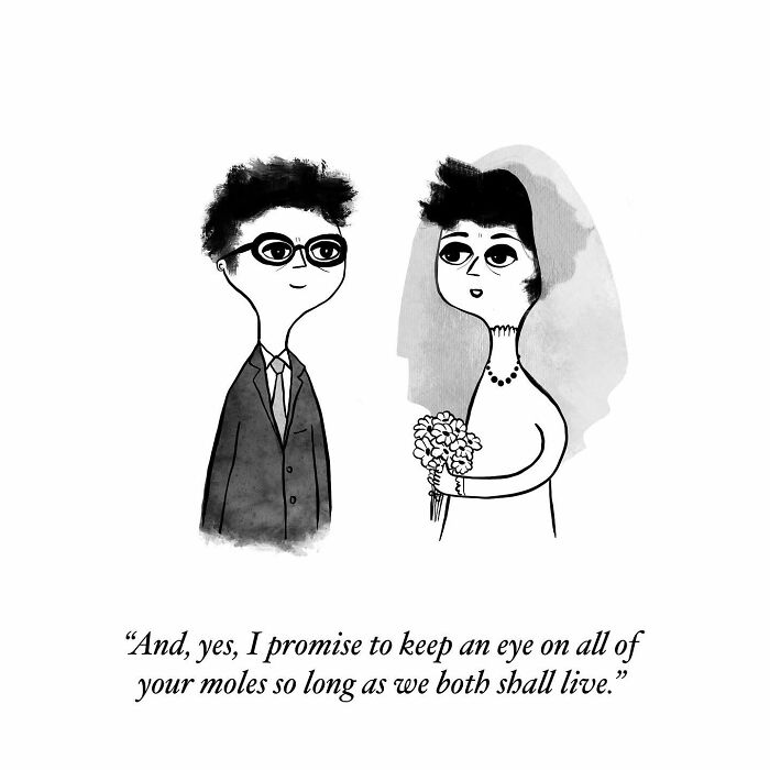 One-panel comic by Dahlia Gallin Ramirez showing a bride and groom capturing the absurdity of modern life.