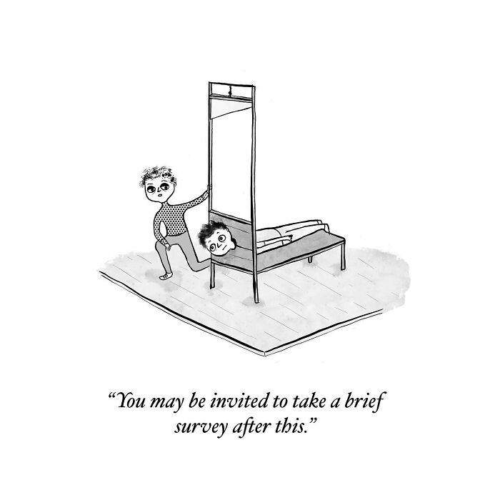 One-panel comic by Dahlia Gallin Ramirez depicting absurd modern life with a character and a guillotine-like setup.