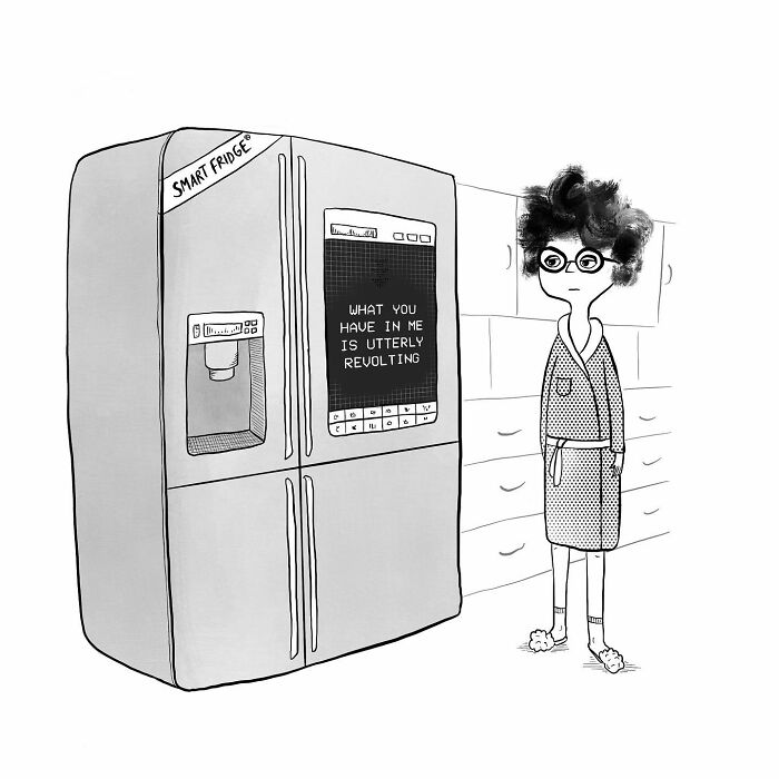 One-panel comic by Dahlia Gallin Ramirez showing a smart fridge criticizing its contents in a modern kitchen.