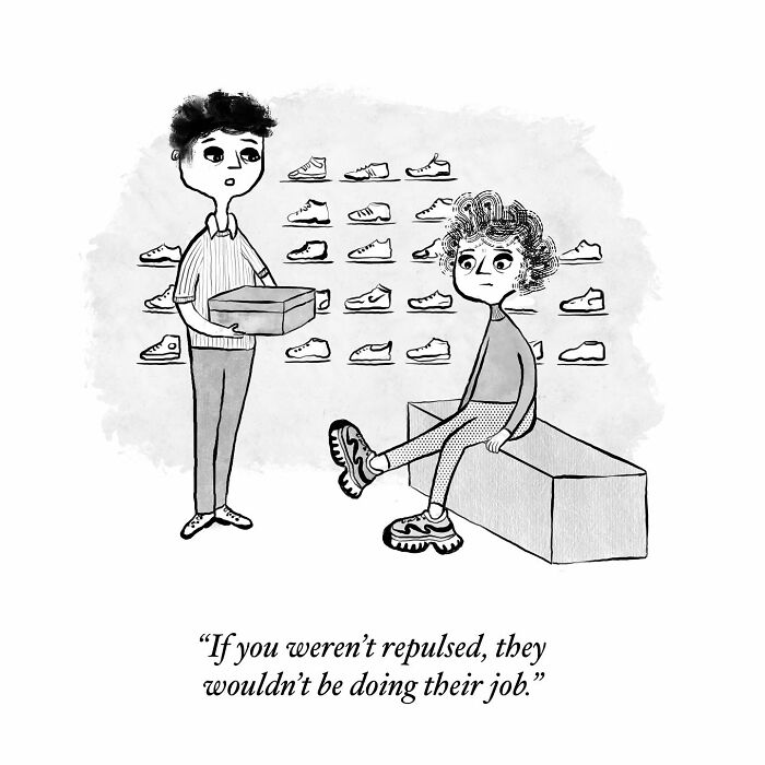 One-panel comic by Dahlia Gallin Ramirez showing absurdity of modern life with a shoe store scene and witty caption.