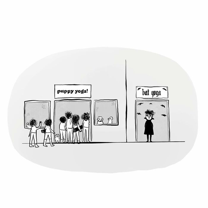One-panel comic by Dahlia Gallin Ramirez showing contrast between popular puppy yoga and empty bat yoga classes.