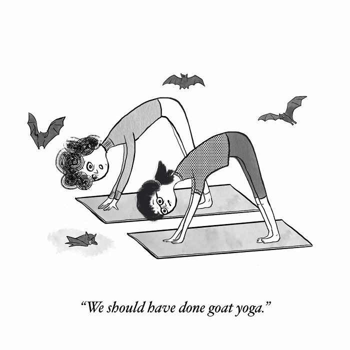 One-panel comic by Dahlia Gallin Ramirez showing two people doing yoga surrounded by bats, capturing modern life absurdity.