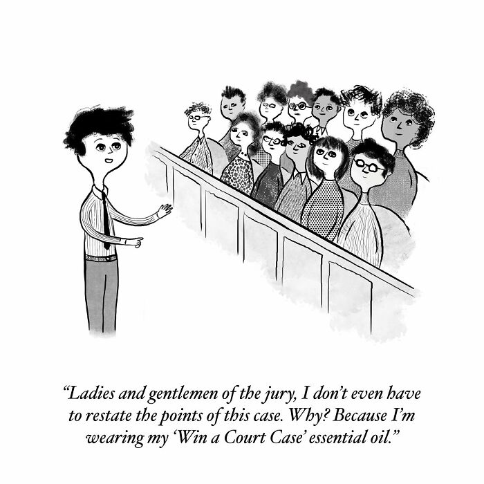 One-panel comic by Dahlia Gallin Ramirez showing a lawyer humorously addressing a jury about essential oil.