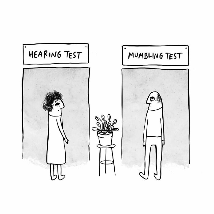 One-panel comic by Dahlia Gallin Ramirez showing a humorous hearing test and mumbling test scene with two people.