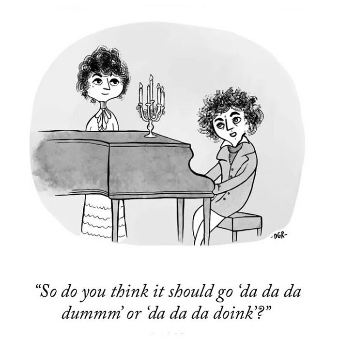 One-panel comic by Dahlia Gallin Ramirez showing two characters debating piano sounds, capturing absurdity of modern life.