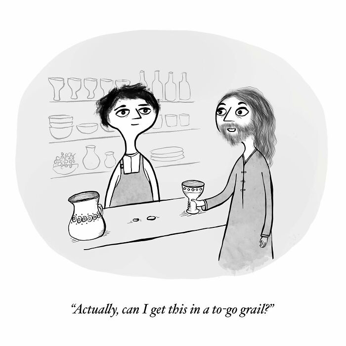 One-panel comic by Dahlia Gallin Ramirez showing a customer asking for a to-go grail in a bar setting.