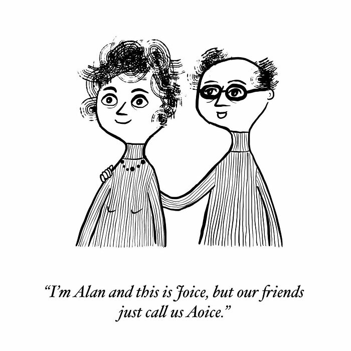 One-panel comic by Dahlia Gallin Ramirez showing a quirky couple with a pun about their names capturing modern life absurdity.