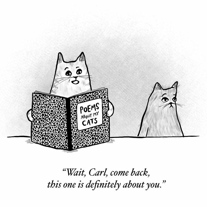 One-panel comic by Dahlia Gallin Ramirez showing a cat reading poems about cats while another cat looks away.