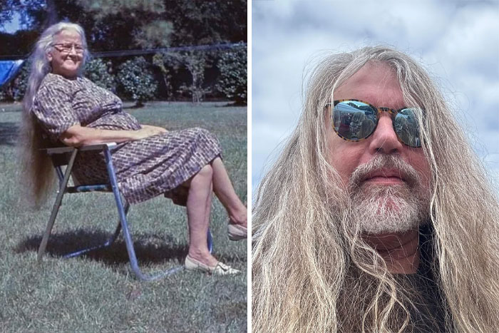 An elderly woman and a man with long hair both share found photos while outdoors in casual settings.