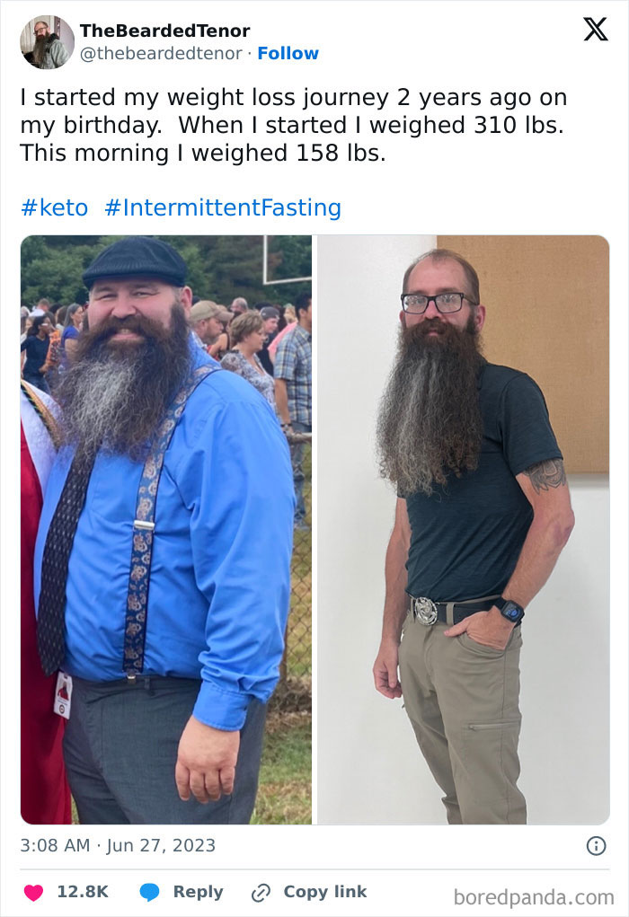 Before and after weight loss transformation of a man showing inspiring weight loss before and after pics side by side.