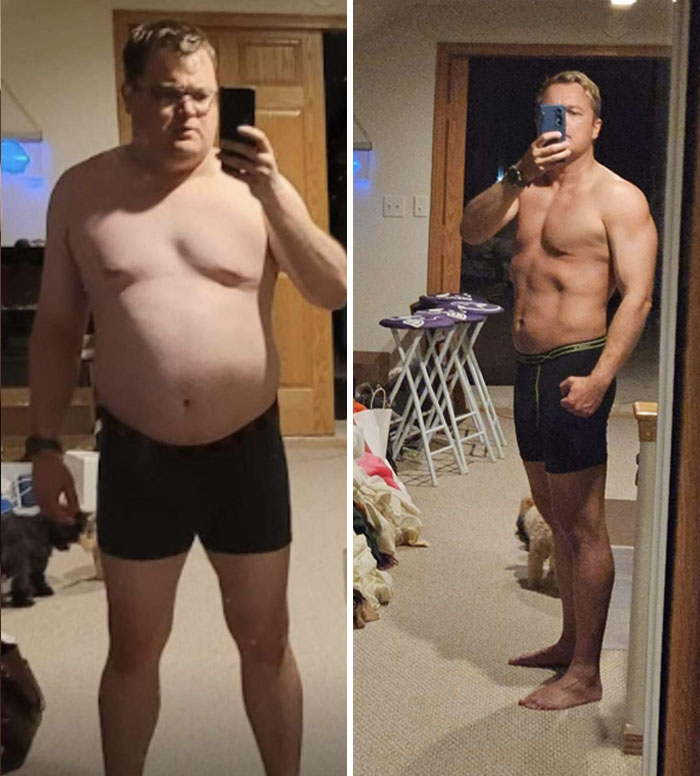 Before and after weight loss photo of a man showing inspiring transformation with toned muscles and reduced body fat.