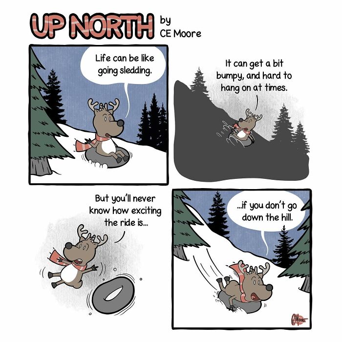 Comic by Bruce showing a reindeer sledding on a snowy hill, capturing life in a snowy small town.