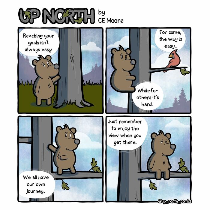 Comic strip featuring a bear and bird reflecting on reaching goals in a snowy small town life by artist Bruce.
