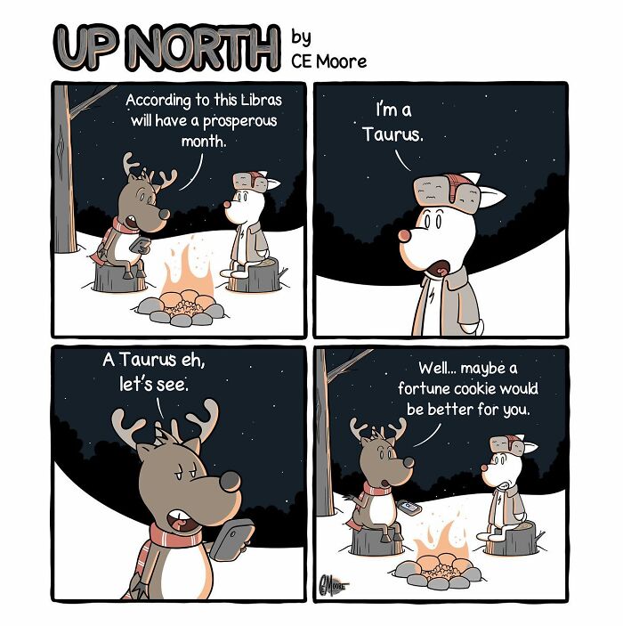 Comic panels featuring animals in winter attire sharing fortune predictions around a campfire, capturing life in a snowy small town.