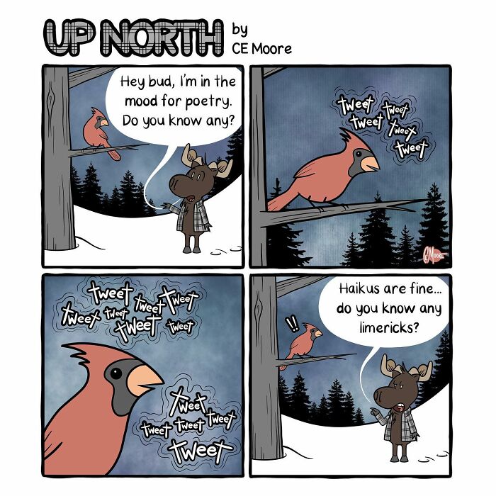 Comic by Bruce showing a snowy small town scene with a moose and bird discussing poetry and limericks.