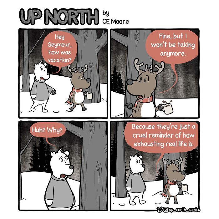 Comic strip by Bruce featuring animals discussing life in a snowy small town, capturing clever and clean moments.