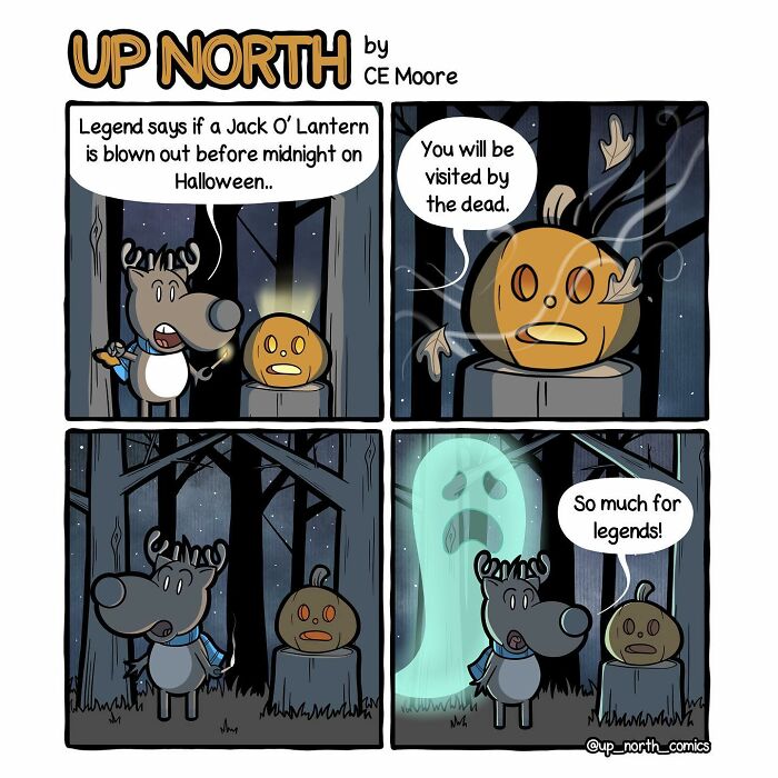 Comic by Bruce showing a snowy small town Halloween scene with a Jack O’ Lantern and moose capturing life humor.