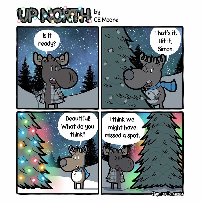 Comic strip featuring moose characters in a snowy small town, capturing life with clever humor and winter scenery.