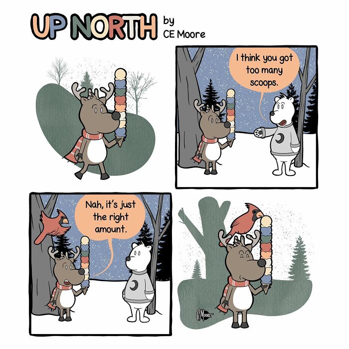 Comic strip featuring a reindeer with a large ice cream cone, capturing life in a snowy small town.