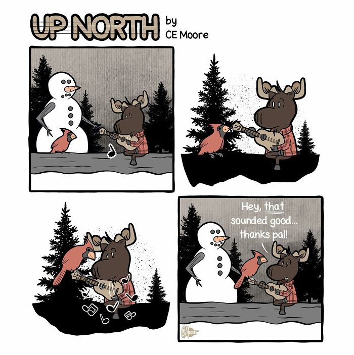 Comic strip featuring a moose playing guitar with a bird and snowman capturing life in a snowy small town.