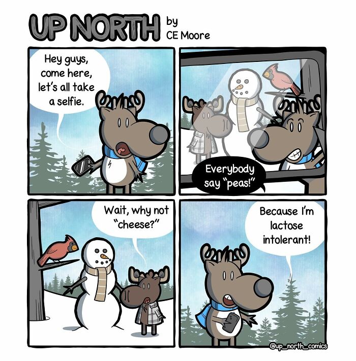 Comic by Bruce showing a snowy small town scene with animals capturing life in winter with clever humor.