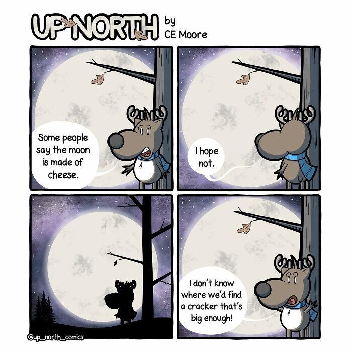 Comic strip by Bruce showing a moose talking about the moon in a snowy small town at night.