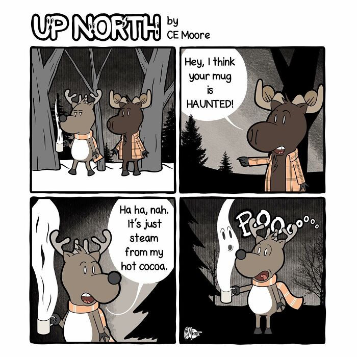 Comic strip by Bruce showing two moose characters humorously capturing life in a snowy small town at night.