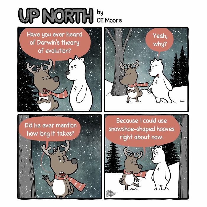 Comic strip featuring a reindeer and polar bear in a snowy small town discussing evolution humorously.