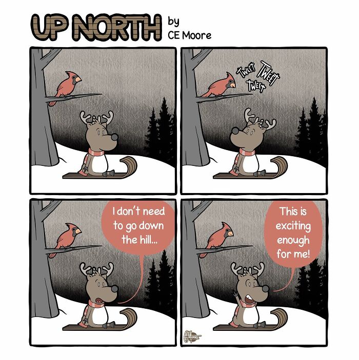 Comic by Bruce capturing life in a snowy small town, featuring a reindeer and a tweeting cardinal on a sled.