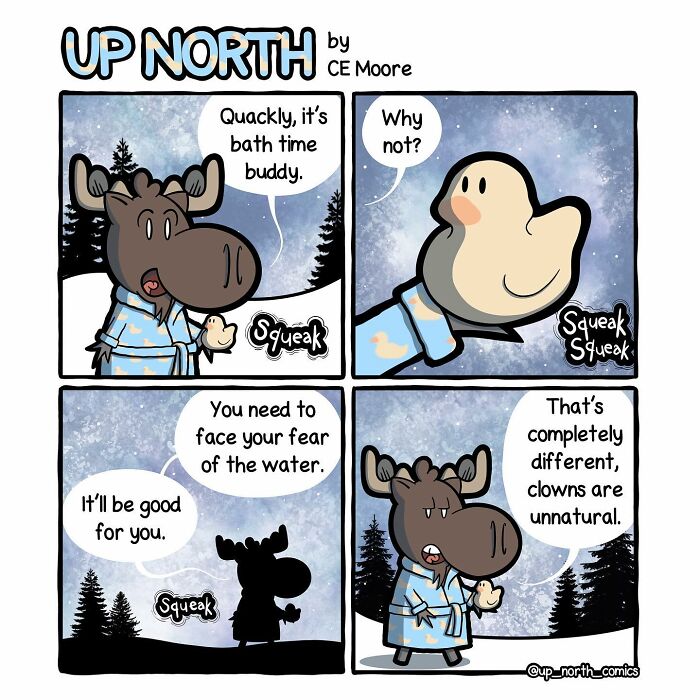 Comic strip by Bruce featuring animals in a snowy small town, capturing life with clean and clever humor.